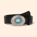 Detailed view of western style embossed leather belt with ornate silver turquoise buckle. - 110*3.7cm / Black
