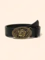 Retro vintage rose buckle women leather belt embossed floral brass metal waist cincher. - 110cm / Black
