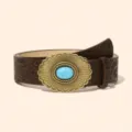 Vintage western embossed leather belt with large oval turquoise stone brass buckle for men women - 110*3.7cm / Coffee