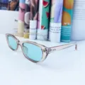 Trendy retro cat-eye sunglasses for women, transparent frame with light blue lenses. - Transparent Tea Frame Blue Lens