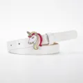 Kids white thin belt with cute unicorn metal buckle, fashionable decorative waist belt. - White