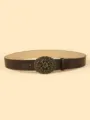 Retro brown leather belt with vintage bronze carved oval buckle casual waistband variant - Length 109 Width 3.8 / Coffee