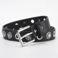 Retro punk style black leather belt with metal grommets and floral rivets for women pants daily. - 107*2.8CM / Black