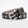 Vintage punk style black leather belt with metal eyelets and decorative floral rivets. - 107*2.8CM / Coffee