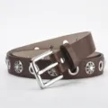 Vintage punk style wide brown leather belt with metal eyelets and floral stud decorations. - 107*2.8CM / Brown