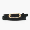 Women slim black leather belt with gold oval buckle stylish minimalist jeans waist belt - Black