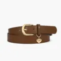 Brown PU leather women belt with gold metal buckle and cute heart charm for dress and jeans. - Brown
