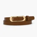 Brown women slim leather belt with gold oval buckle fashion waist accessory for jeans - Camel
