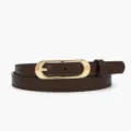 Women's minimalist brown leather belt with elegant gold oval buckle for jeans and dresses - Coffee