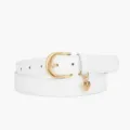 White PU leather women belt with gold buckle and heart charm for dresses and jeans casual wear. - White