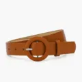 Eleganter brauner Damengürtel mit runder Leder Schnalle und schlichtem minimalistischen Design. - Camel