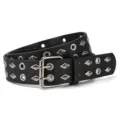 Punk Style Black Double Grommet Leather Belt with Metal Buckle and Diamond Studs for Unisex - Black