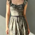 Vintage sleeveless mottled dress with thin leather belt waist chain for women fashion apparel. - Coffee