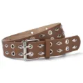 Brown punk double grommet leather belt with diamond studs and metal pin buckle for daily wear. - Camel