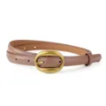 Women vintage brown thin leather belt with gold oval buckle elegant waist strap dress - Caramel color