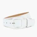 White wide leather belt with large square buckle, perfect for stylish women's outfits. - White