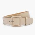 Minimalist light yellow leather belt for women, wide dress waist accessory with square buckle. - Beige