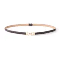 Detail view of women thin brown leather waist belt with elegant gold interlocking buckle. - 55-100cm / Coffee