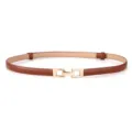 Women slim leather belt with gold metal buckle, stylish accessory for dress coat. - Brown