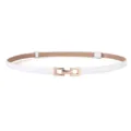 White thin leather belt with gold interlock buckle, elegant waist accessory for dress coat. - White