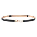 Women thin black leather belt with gold metal interlocking buckle for dresses and coats detail - Black