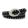 Black suede studded belt with a large silver oval buckle, stylish and versatile for jeans. - Black