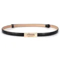 Detailed view of women's thin black patent leather belt featuring a sleek gold metal buckle. - Gold Buckle Black Mirror / 1.5*55-95cm