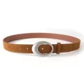 Vintage Y2K women's brown suede belt with a sleek silver oval buckle for stylish waist definition. - Camel