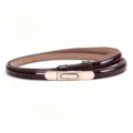 Women's dark brown patent leather skinny belt with chic golden metal clasp, slim waist design. - Glossy Coffee