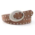 Brown suede studded belt, retro style women waist belt with oversized oval buckle for jeans - Brown