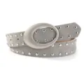 Grey suede studded belt with large oval buckle, stylish western fashion accessory for jeans. - Gray