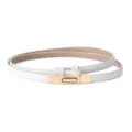 White patent leather skinny belt for women with elegant gold metal clasp adjustable waist. - Glossy White