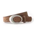 Brown suede belt women retro silver oval buckle waist accessory for casual jeans trousers - Caramel color