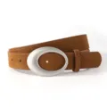 Retro Y2K women suede belt with silver oval buckle, versatile textured waist strap for jeans. - Camel