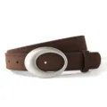 Women brown suede belt with silver oval teardrop buckle, retro waist accessory for jeans - Coffee
