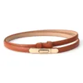 Women skinny leather belt with gold metal clasp brown waist accessory for dress casual - Matte Brown