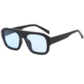 Trendy flat top sunglasses for women, black thick frame with light blue lenses, stylish eyewear. - Shiny Black Frame Blue Lens