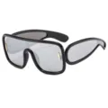 Futuristic cyberpunk oversized wrap sunglasses, trendy black frame with clear reflective lenses. - Black Frame Silver Mirror (QZ5201982)