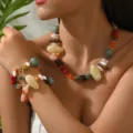 Colorful resin beaded necklace and bracelet set displayed on a female model close up view - Multicolor-5 necklace