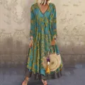 Vintage boho floral print faux two-piece maxi dress with V-neckline and tiered hem - S / Dresses / Green