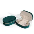 Premium dark green velvet oval jewelry box with zipper closure shown open and closed - Oval Velvet Style / 15x10x5cm / Classic Green