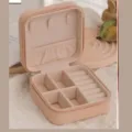 Elegant portable velvet jewelry box storage in soft nude pink for rings and necklaces - Cross-Grain Zipper Style / 10x10x5cm / Beige Apricot