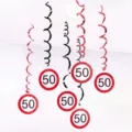 Red and black 50th birthday hanging swirl decorations party ceiling decor items. - Age 50 (LXDS-S38c) / 6 Pieces Set