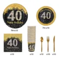 Ensemble de vaisselle de fête d'anniversaire 40 ans noir et or assiettes tasses jetables - Style 40 / Ensemble de 70 pièces