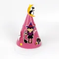 Kids pink Halloween witch cone hat, cartoon party paper hat with cute cat design. - Cartoon Little Witch and Cat Hat