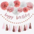 Birthday party decoration set with happy birthday banner paper pom poms and tassels pink white - Jointed Letter Set 1--Pink Series
