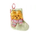 Christmas stocking with cute plush bear and knitted scarf, green burlap holiday gift bag. - Linen Christmas Stocking (Bear Style)