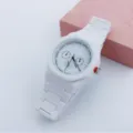 White plastic quartz watch for men detail view, stylish daily casual student wrist watch. - White