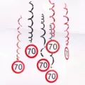 Rote und schwarze hängende Spiralen Dekorationen für den 70. Geburtstag mit Schildern. - Alter 70 (LXDS-S38e) / 6-Teiliges Set