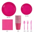 Conjunto de vajilla de fiesta desechable rosa chicle con platos, vasos, servilletas y cubiertos. - Rosa Rojo